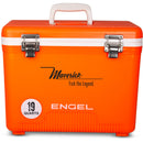 An orange, leak-proof Engel Coolers 19 Quart Drybox/Cooler with the word engel on it, perfect for any outdoor adventure.
