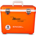 An orange, leak-proof cooler with the word Engel Coolers on it, perfect for any outdoor adventure.