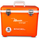 An orange, leak-proof Engel 19 Quart Drybox/Cooler with the word Engel Coolers on it, perfect for your next outdoor adventure.