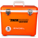 An orange, leak-proof cooler with the Engel 19 Quart Drybox/Cooler - MBG on it.