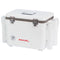 A white, airtight cooler with the Engel Coolers 19 Quart Drybox/Cooler with Rod Holders on it and fishing rod holders.