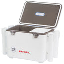 The Engel 19 Quart Drybox/Cooler with Rod Holders from Engel Coolers is white, airtight, and has two compartments.