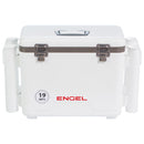 A white Engel Coolers 19 Quart Drybox/Cooler with Rod Holders with the word Engel on it.