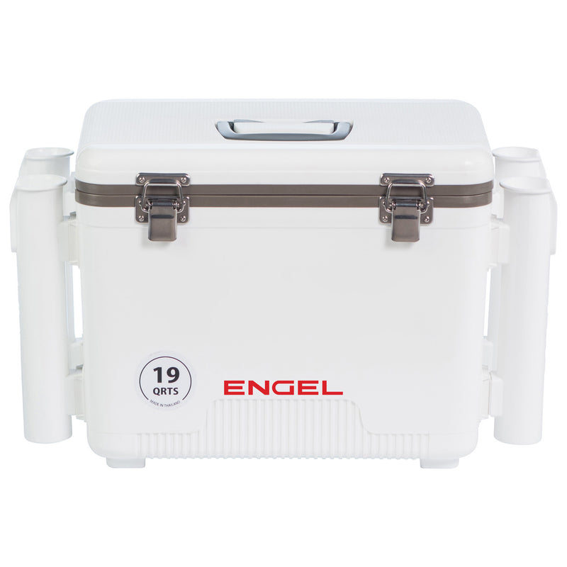A white Engel 19 Quart Drybox/Cooler with Rod Holders with the word Engel on it.