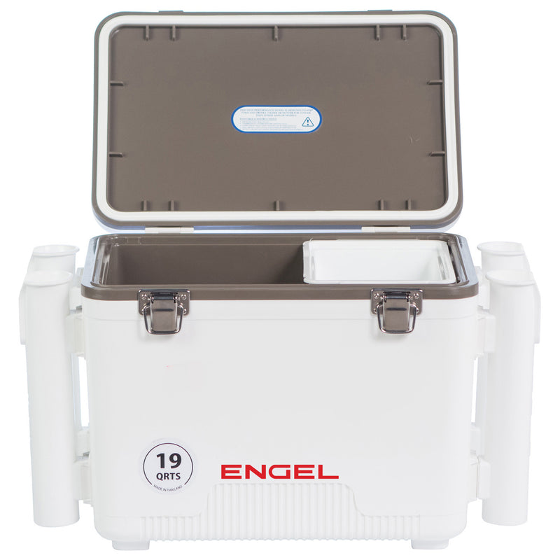 The airtight Engel Coolers 19 Quart Drybox/Cooler with Rod Holders is white and brown.