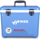 A leak-proof blue Engel 19 Quart Drybox/Cooler - MBG with the words Hewes on it, perfect for your next outdoor adventure.