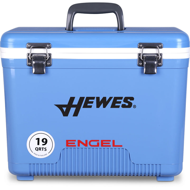 A leak-proof Engel 19 Quart Drybox/Cooler with the Hewes logo on it, perfect for any outdoor adventure.
