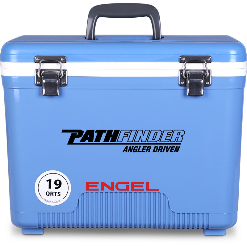 A leak-proof Engel 19 Quart Drybox/Cooler - MBG with the word pathfinder on it, perfect for your outdoor adventure.