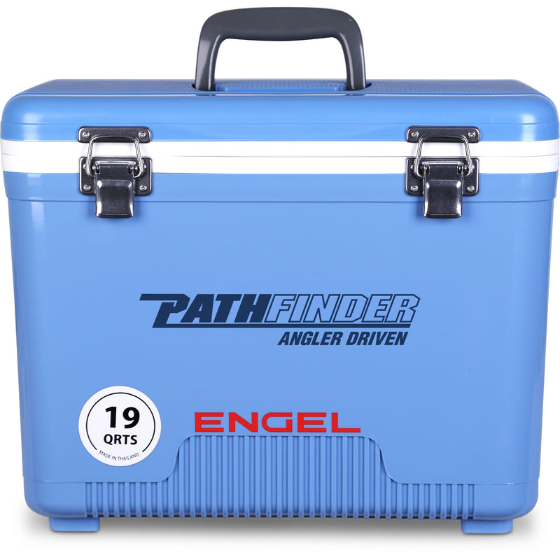 A leak-proof Engel Coolers cooler with the word "pathfinder" on it, perfect for any outdoor adventure.