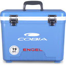 A leak-proof Engel Coolers 19 Quart Drybox/Cooler with the cobia logo on it, perfect for any outdoor adventure.