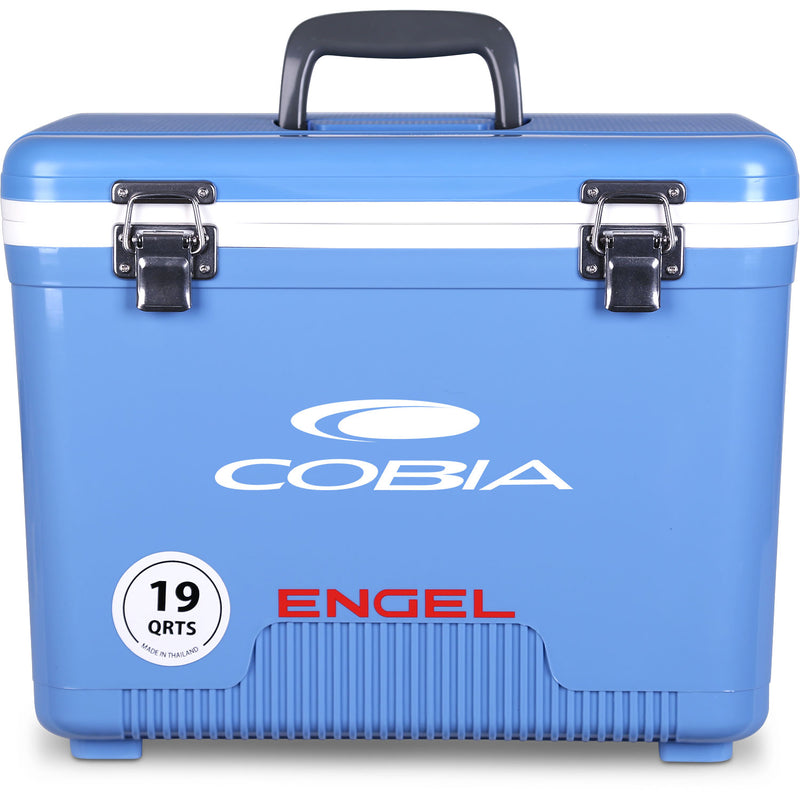 A leak-proof Engel Coolers 19 Quart Drybox/Cooler with the cobia logo on it, perfect for any outdoor adventure.