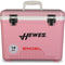 A pink, leak-proof Engel 19 Quart Drybox/Cooler with the words Hewes Engel on it, perfect for any outdoor adventure.