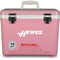 A pink, leak-proof Engel Coolers 19 Quart Drybox/Cooler with the word hewes on it, perfect for your next outdoor adventure.