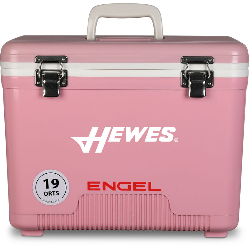 A pink, leak-proof Engel Coolers 19 Quart Drybox/Cooler with the word hewes on it, perfect for your next outdoor adventure.