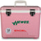 A pink, leak-proof Engel 19 Quart Drybox/Cooler with the words Engel Coolers on it, perfect for any outdoor adventure.