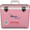 A pink, leak-proof Engel Coolers Engel 19 Quart Drybox/Cooler - MBG with the word Engel on it, perfect for your next outdoor adventure.