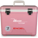 A pink, leak-proof Engel 19 Quart Drybox/Cooler with the word Engel Coolers on it, perfect for outdoor adventures.