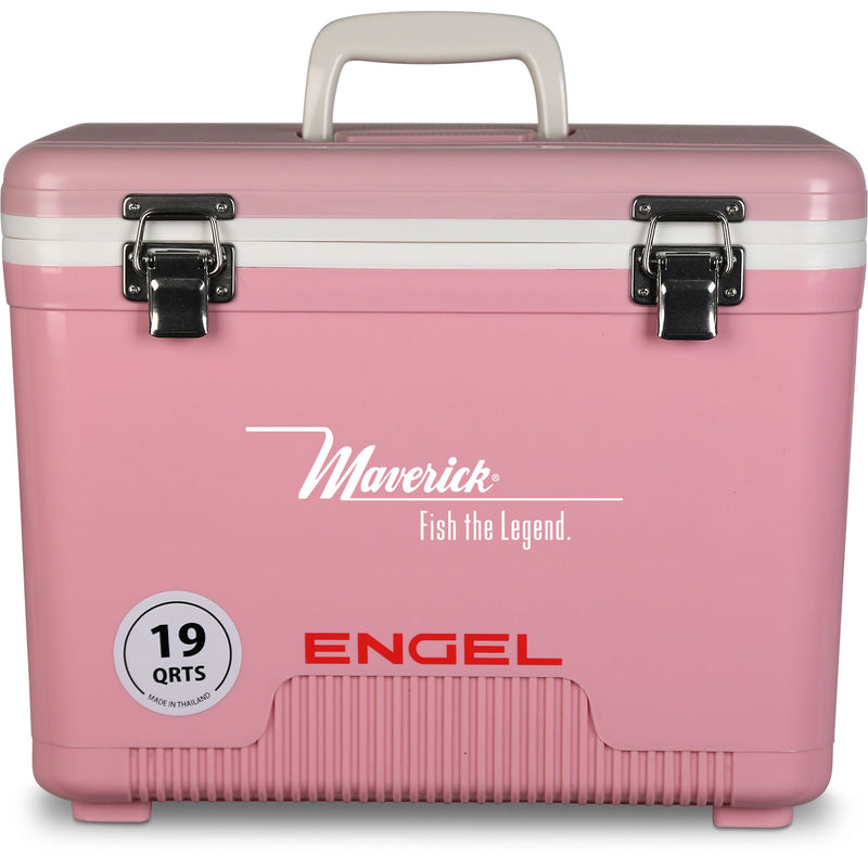 A pink, leak-proof Engel 19 Quart Drybox/Cooler with the word Engel Coolers on it, perfect for outdoor adventures.