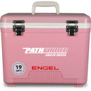 A pink, leak-proof Engel 19 Quart Drybox/Cooler with the word Pathfinder on it.