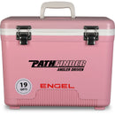 A leak-proof, pink Engel 19 Quart Drybox/Cooler - MBG with the word "pathfinder" on it, perfect for any outdoor adventure.