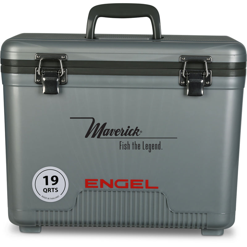 A gray, leak-proof Engel 19 Quart Drybox/Cooler with the word Engel Coolers on it, perfect for any outdoor adventure.