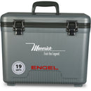A leak-proof gray Engel 19 Quart Drybox/Cooler with the word Engel Coolers on it, perfect for an outdoor adventure.