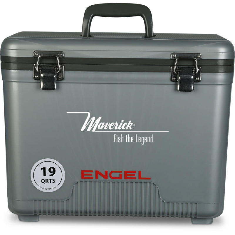 A leak-proof gray Engel 19 Quart Drybox/Cooler with the word Engel Coolers on it, perfect for an outdoor adventure.