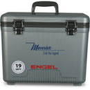 A leak-proof gray cooler with the words "Engel Fish the Legend" - Engel Coolers 19 Quart Drybox/Cooler - MBG.