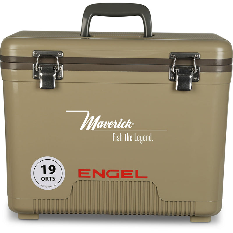 A leak-proof tan cooler with the words Engel Coolers on it.