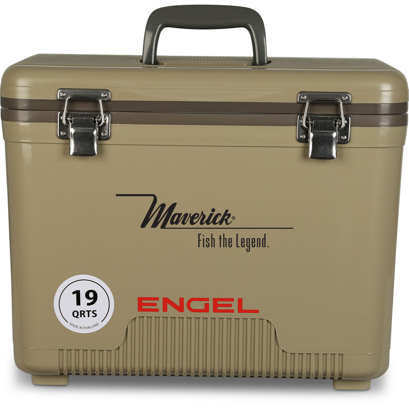 A leak-proof Engel 19 Quart Drybox/Cooler with the word Engel on it, perfect for any outdoor adventure.