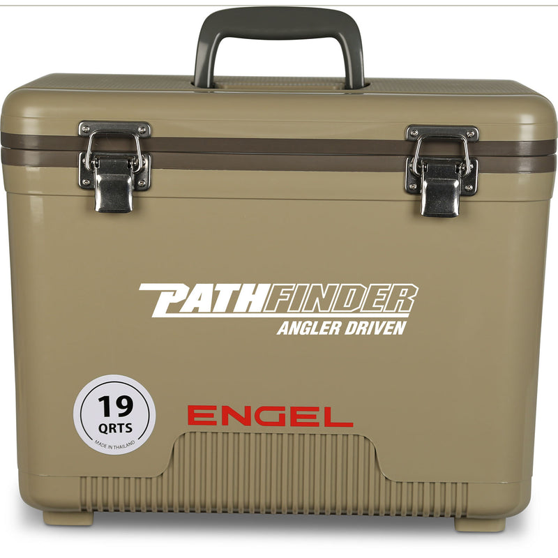The Engel Coolers 19 Quart Drybox/Cooler - MBG, perfect for outdoor adventure, is tan and has the word Pathfinder on it.