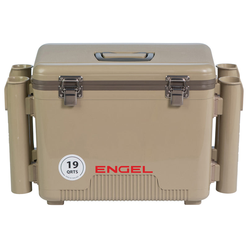 The airtight Engel 19 Quart Drybox/Cooler with Rod Holders is shown on a white background.