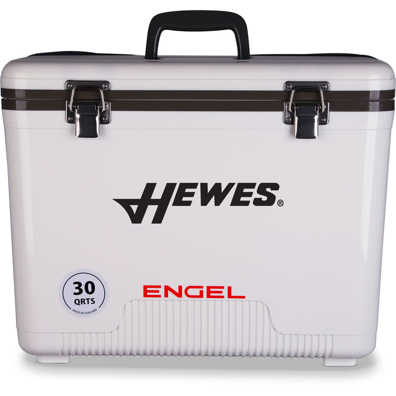 A leak-proof white Engel Coolers cooler with the word hewes on it.