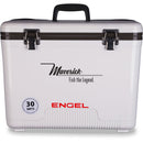 A white, leak-proof Engel 30 Quart Drybox/Cooler with the word Engel Coolers on it.