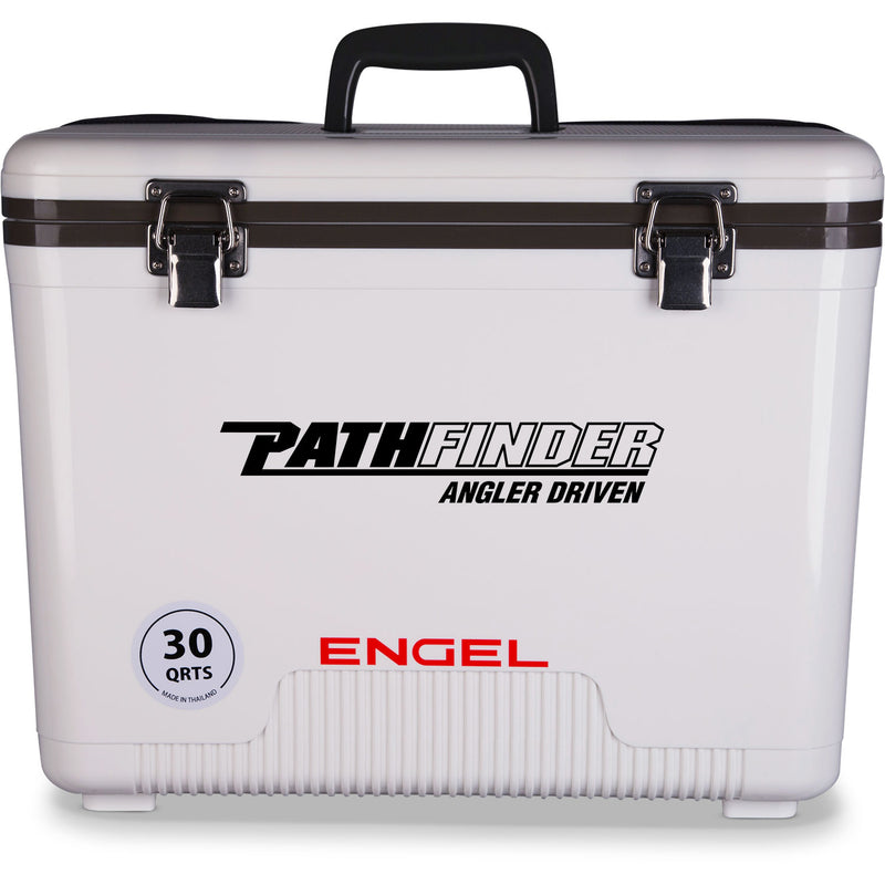 A white, leak-proof Engel 30 Quart Drybox/Cooler with the word pathfinder on it.