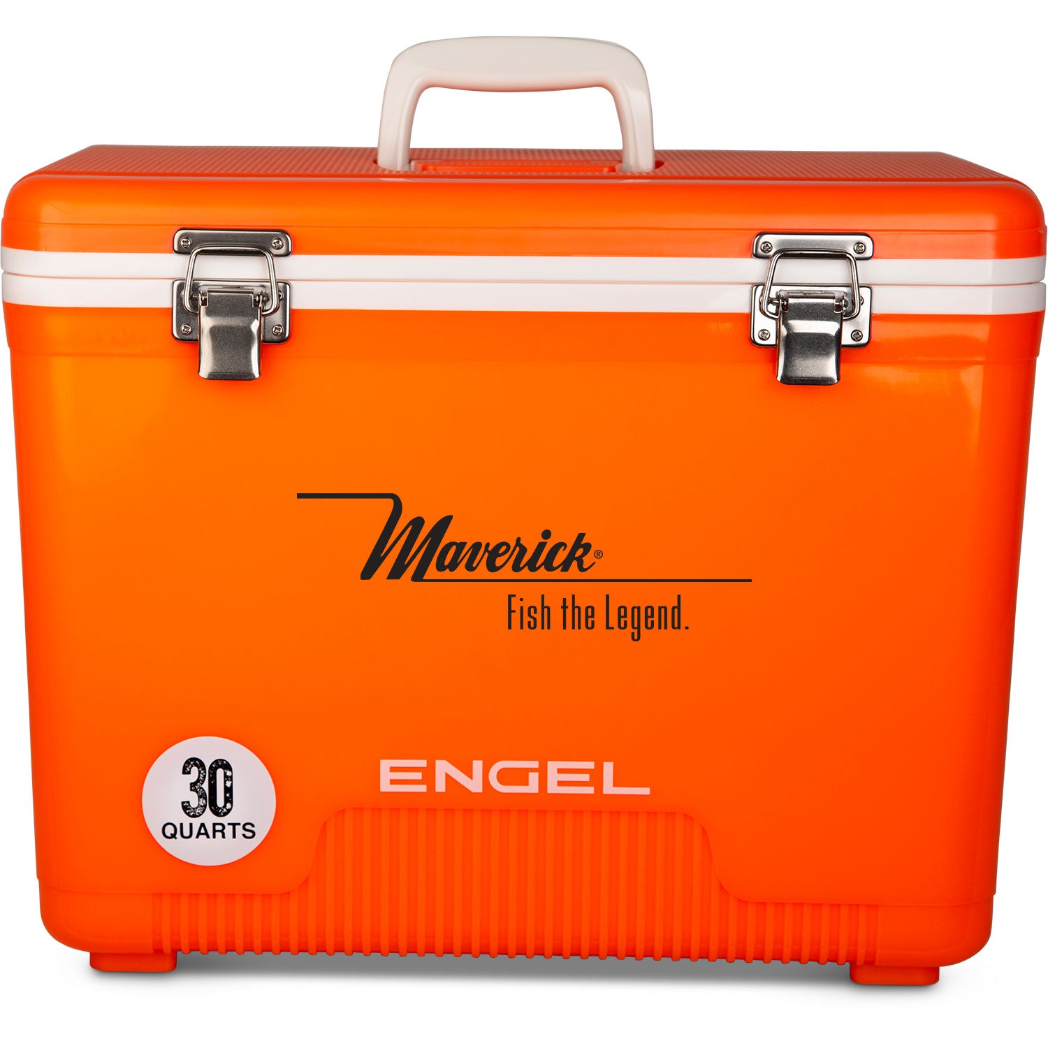 An orange, leak-proof cooler with the words Engel Coolers 30 Quart Drybox/Cooler - MBG on it.