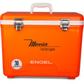 An orange, leak-proof cooler with the words Engel Coolers 30 Quart Drybox/Cooler - MBG on it.