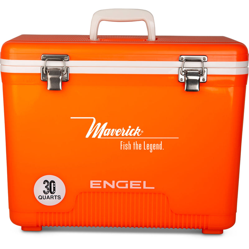 An orange, leak-proof cooler with the word Engel Coolers on it.