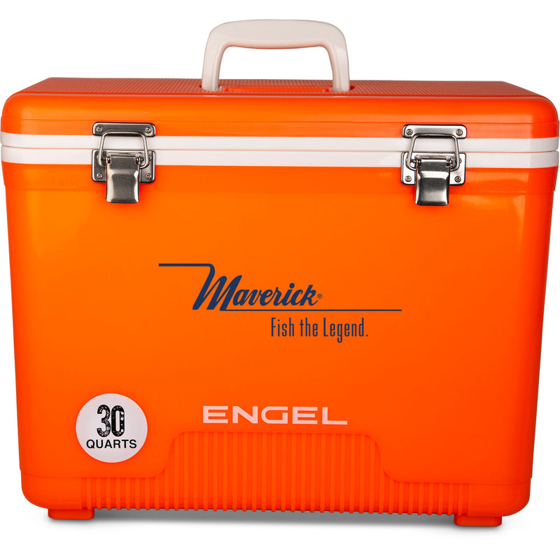 An orange, leak-proof cooler with the Engel Coolers 30 Quart Drybox/Cooler - MBG on it.