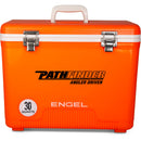 An orange, leak-proof Engel 30 Quart Drybox/Cooler - MBG with the word "pathfinder" on it.