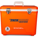 An orange, leak-proof cooler with the word "Engel Coolers" on it.