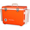 An orange, leak-proof Engel 30 Quart Drybox/Cooler with Rod Holders with two handles on it.