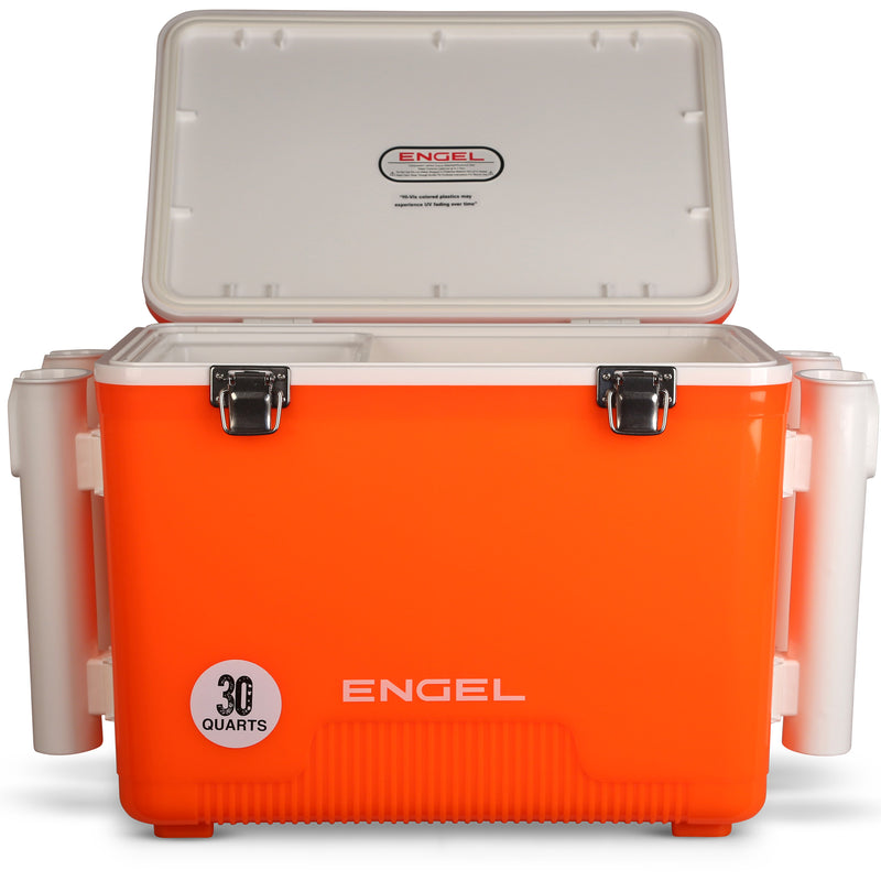 The leak-proof Engel Coolers 30 Quart Drybox/Cooler with Rod Holders is orange and white.