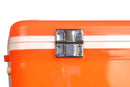 A close-up of a leak-proof Engel 30 Quart Drybox/Cooler with Rod Holders in orange on a white background.