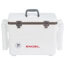 A white leak-proof Engel 30 Quart Drybox/Cooler with Rod Holders with the word Engel on it.