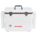 A white leak-proof cooler with the word Engel Coolers on it.