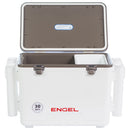 The Engel Coolers 30 Quart Drybox/Cooler with Rod Holders is white, brown, and equipped with leak-proof fishing rod holders.