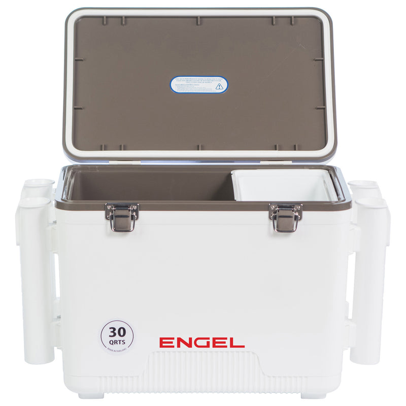 The Engel Coolers 30 Quart Drybox/Cooler with Rod Holders is white, brown, and equipped with leak-proof fishing rod holders.
