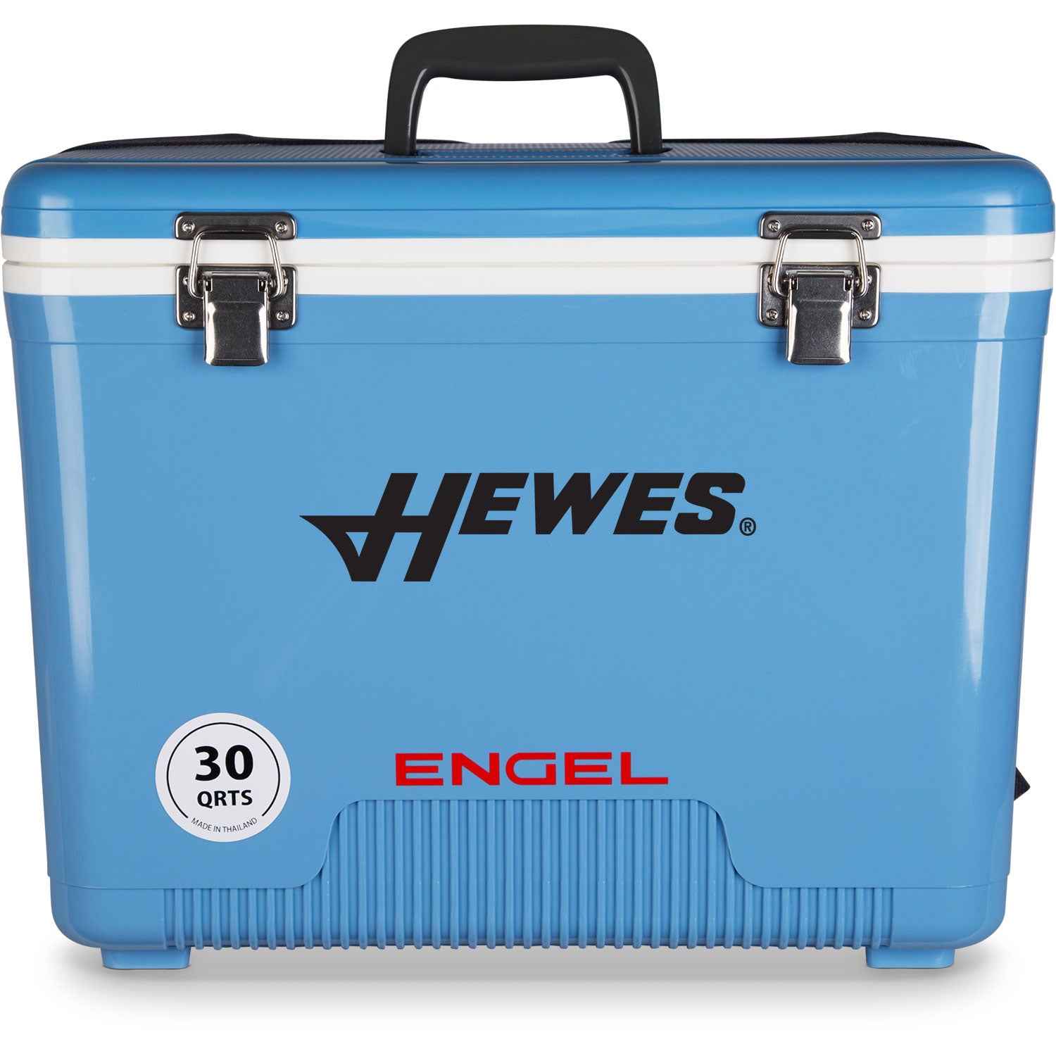 A leak-proof blue cooler with the Engel Coolers logo on it, designed for hunters.
