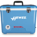 A blue leak-proof Engel Cooler with the words hewes on it.